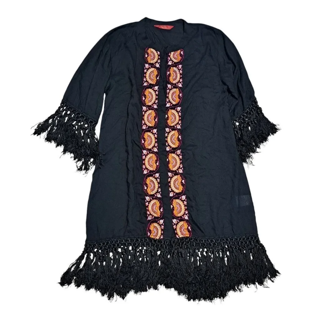 Tigerlily Embroidered Button Down Fringe Cardigan Cruise Dress Small Black